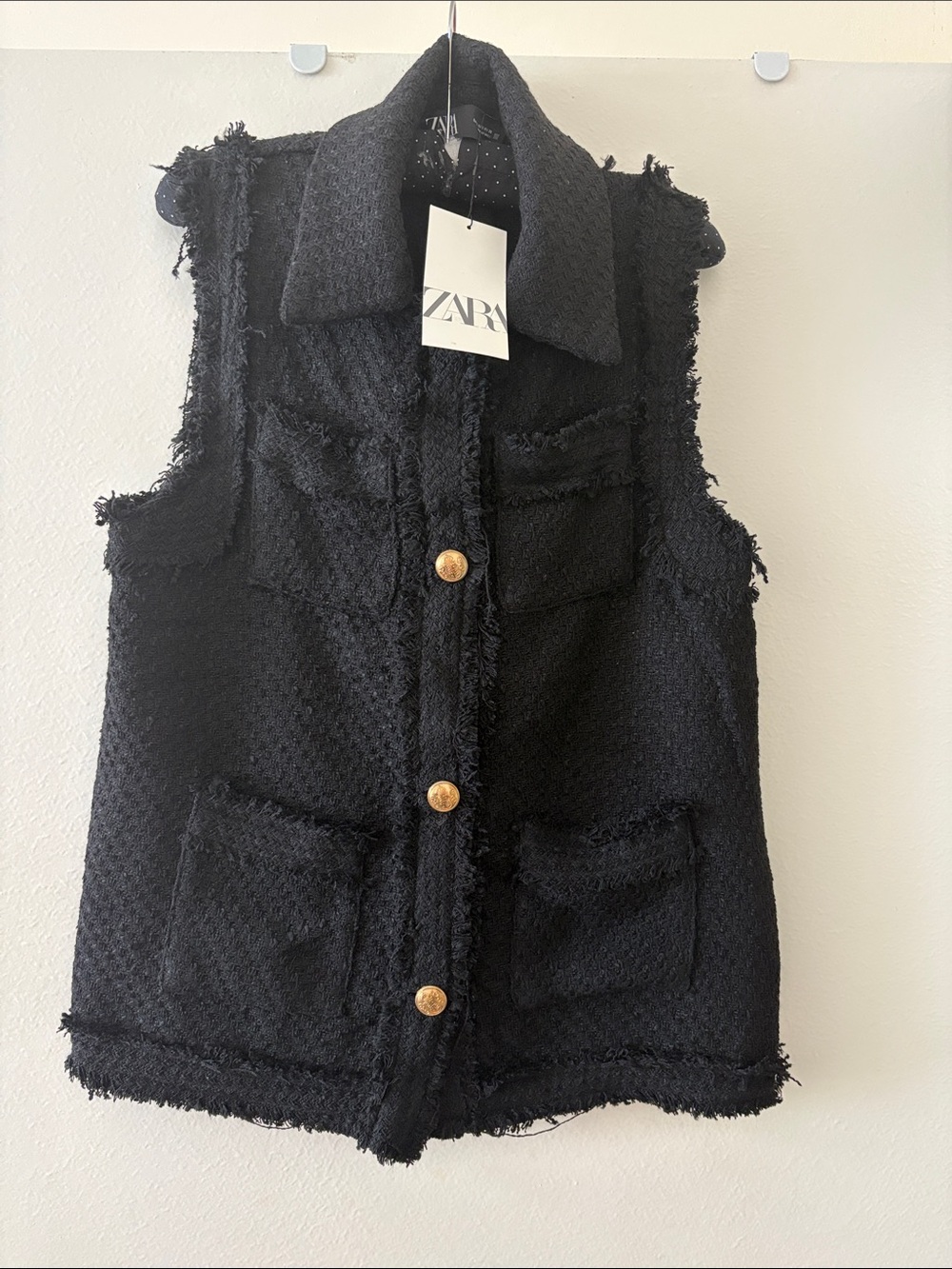 Zara Black Tweed Sleeveless Coat with Gold Buttons